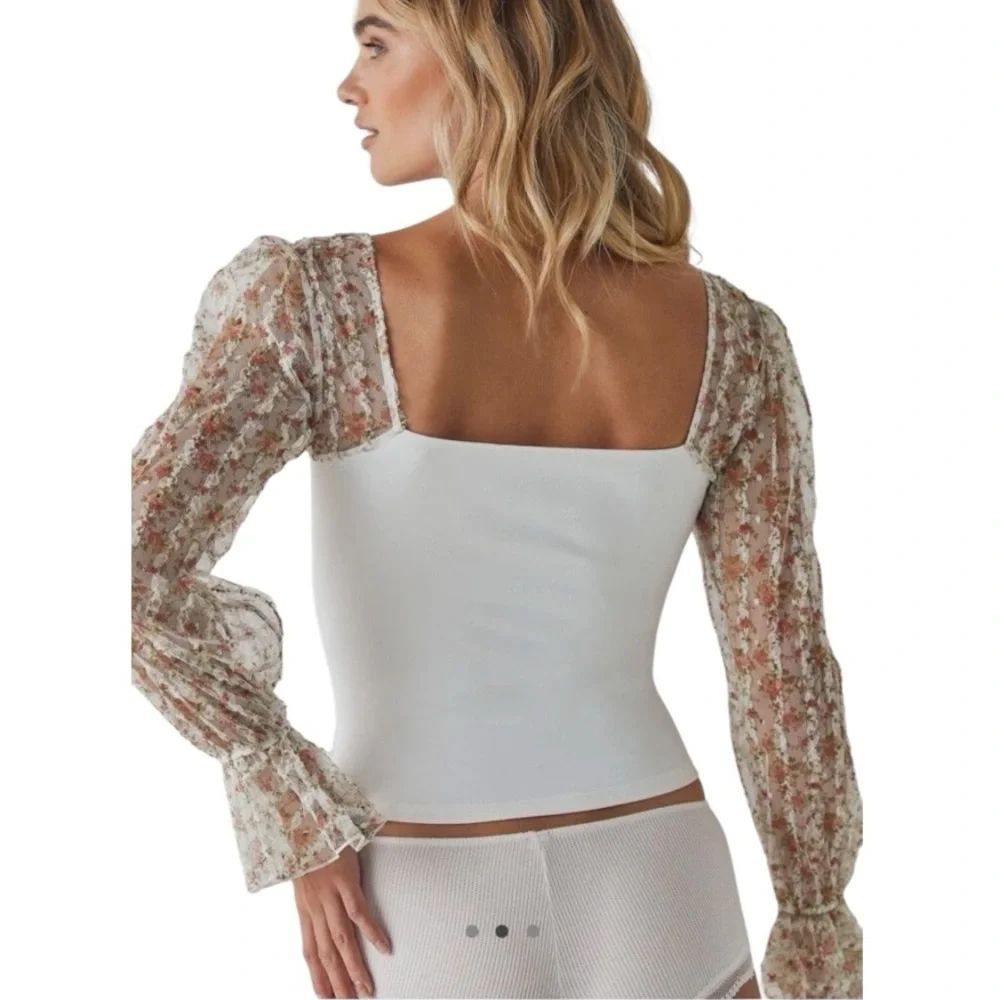 Free People Gimme Butterflies Top Medium Floral Sheer Puff Sleeve Cottagecore